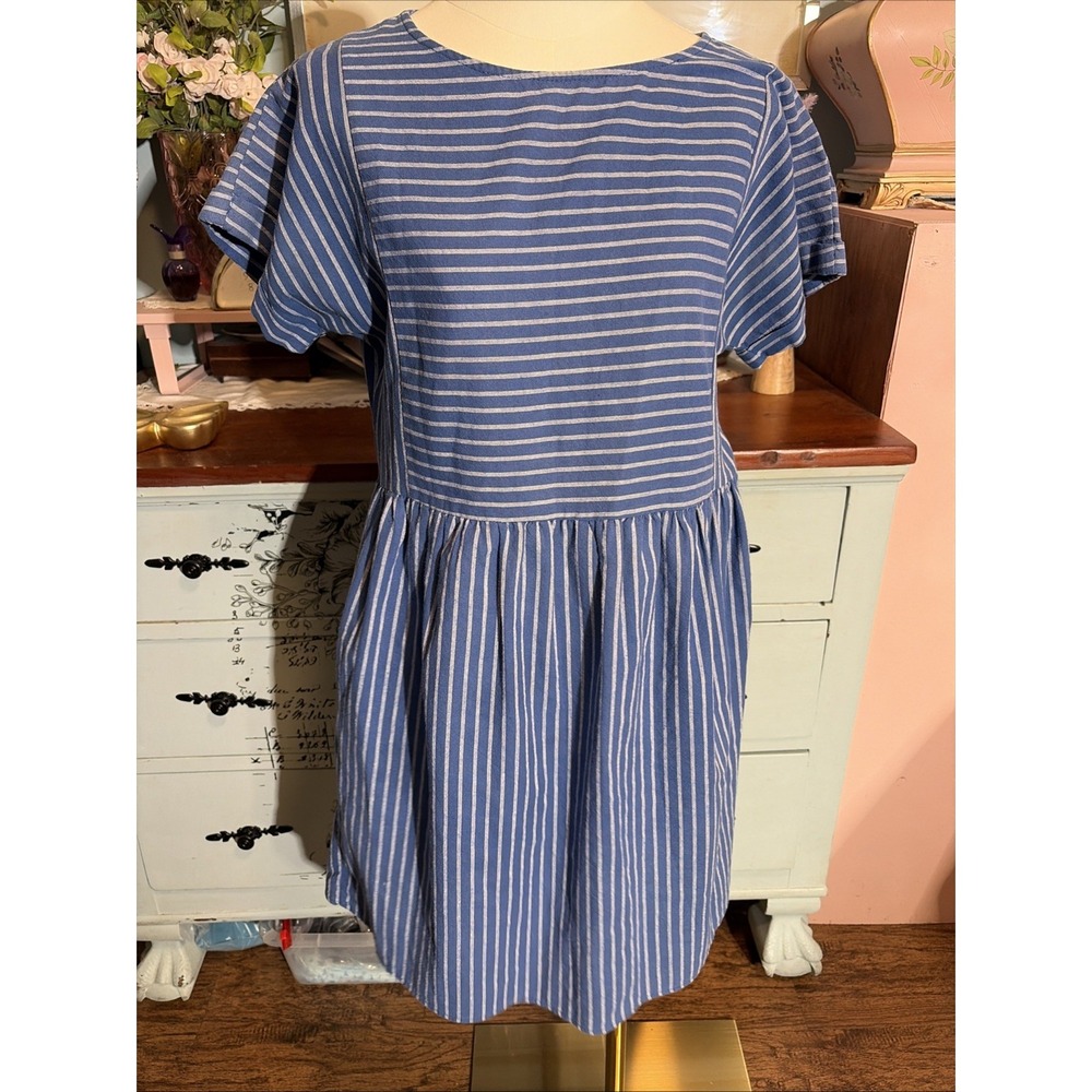 Everly Blue And White Striped  Short Dress With Pockets Sz Small